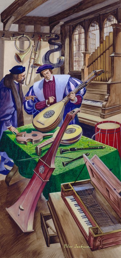 Een maker van muziekinstrumenten in zijn winkel in de Tudor-tijd door Peter Jackson